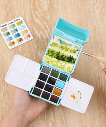 Grabie Foldable Watercolor Pocket Set of 12, Grabie Art, Grabie Art Supplies, Watercolor Painting Supplies, Beginner Watercolor Painting, Travel Watercolor Set, Watercolor Painting Ideas For Beginners, Foldable Watercolor, Watercolor With Brush, Miniature Watercolor Set, Grabie Watercolors